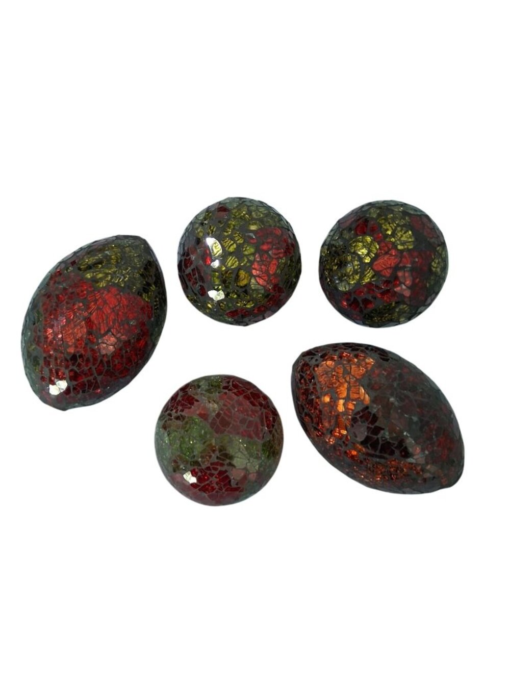 Lot of 5 Red Orange Green Mosaic Crackled Glass Ball Sphere And Egg Table Decor
